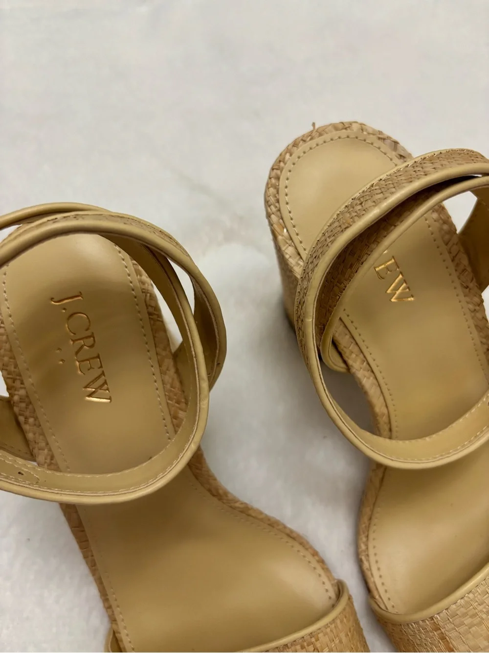 NWOT J Crew Factory Woven Block Heel Neutral Beige Raffia Ankle Strap Sandals